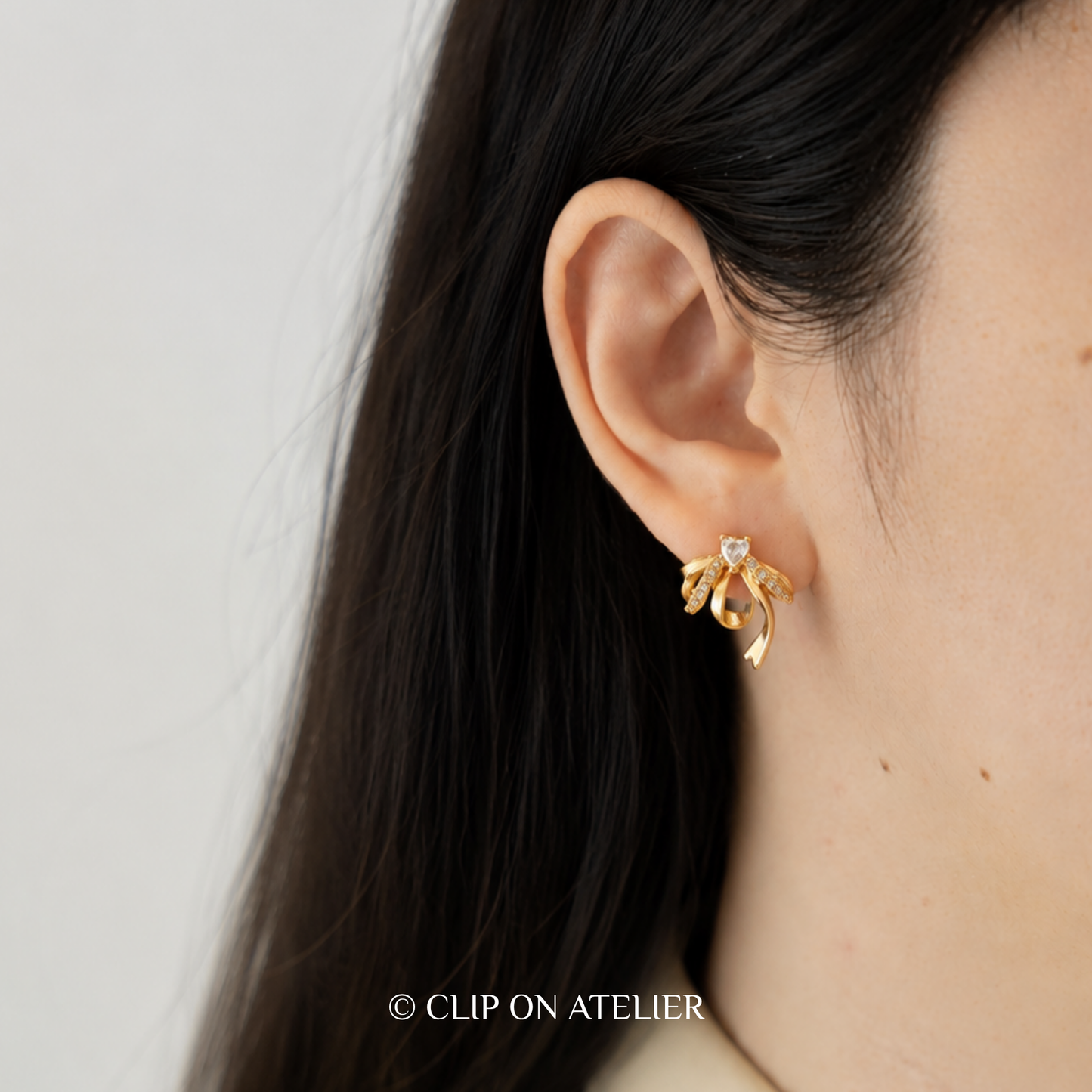 Crystal Heart Bow Clip-On Earrings