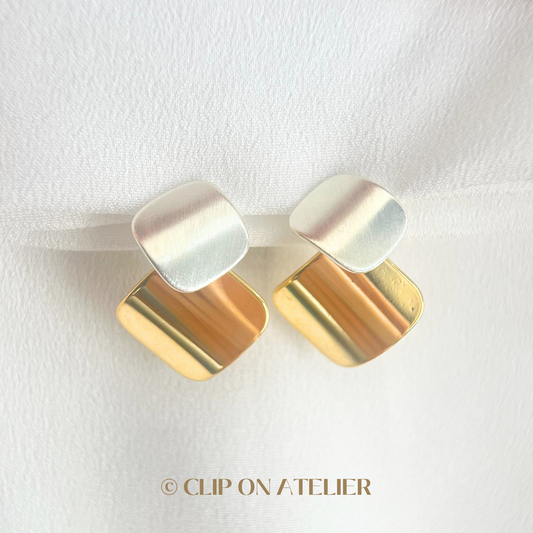Chic Contrast Gold Silver Dangle Clip On Earrings