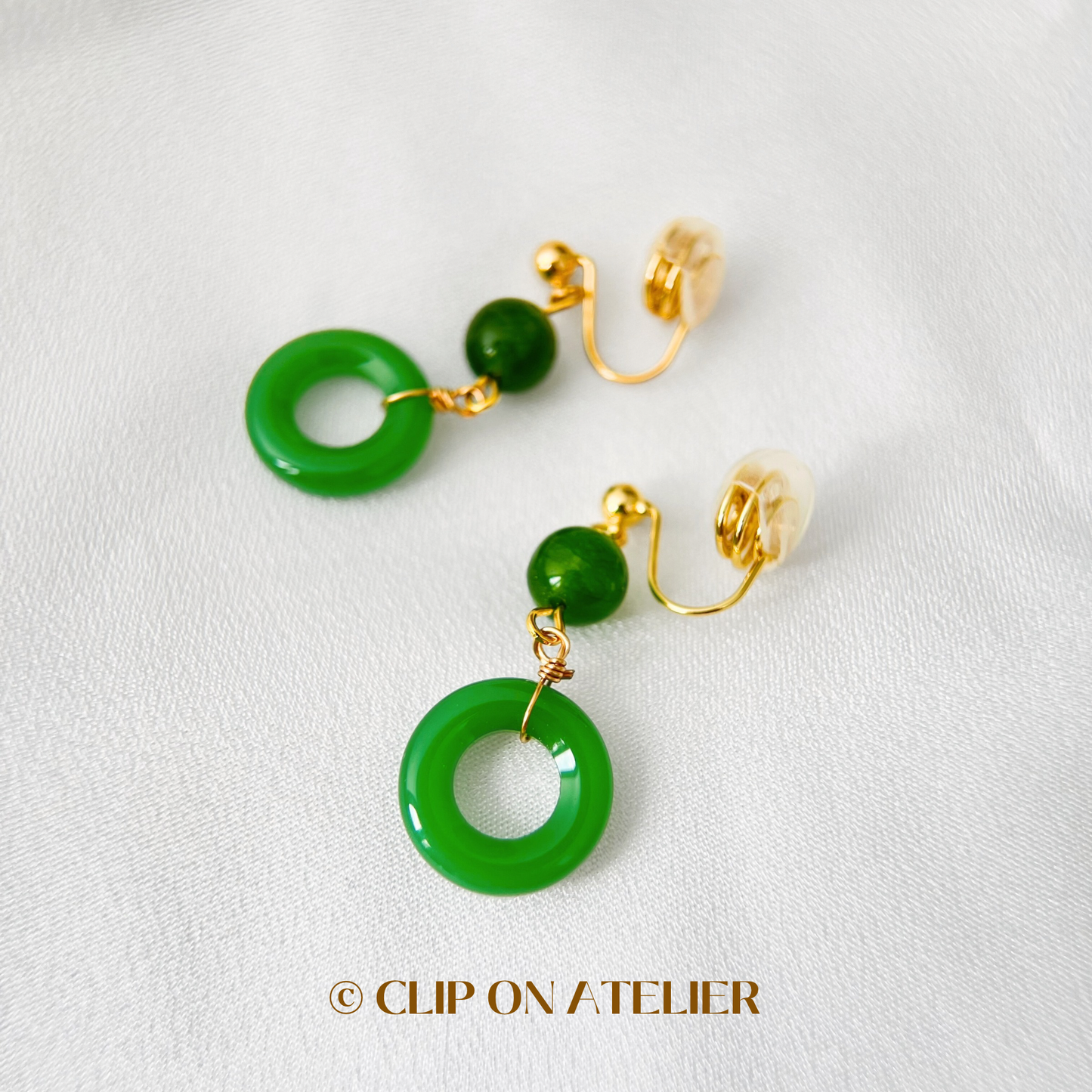 Green Jade Lucky Hoop Drop Clip On Earrings