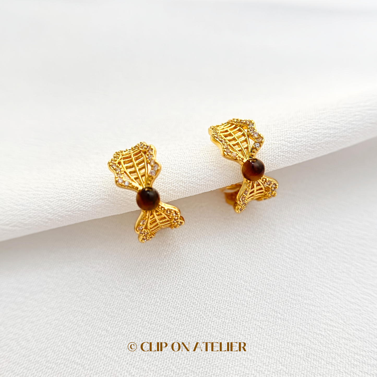 Tigers Eye Lace CZ Diamond Hoop Clip On Earrings