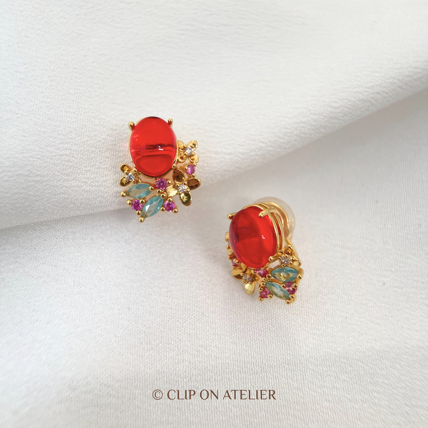 Red Crystal Bloom Clip-On Earrings
