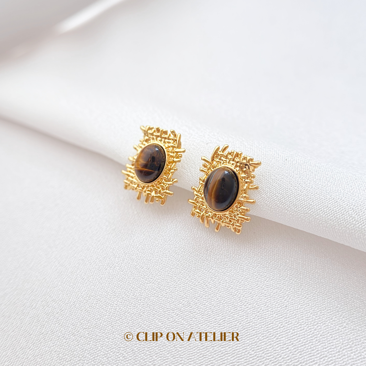 Statement Tiger’s Eye Modern Clip On Earrings