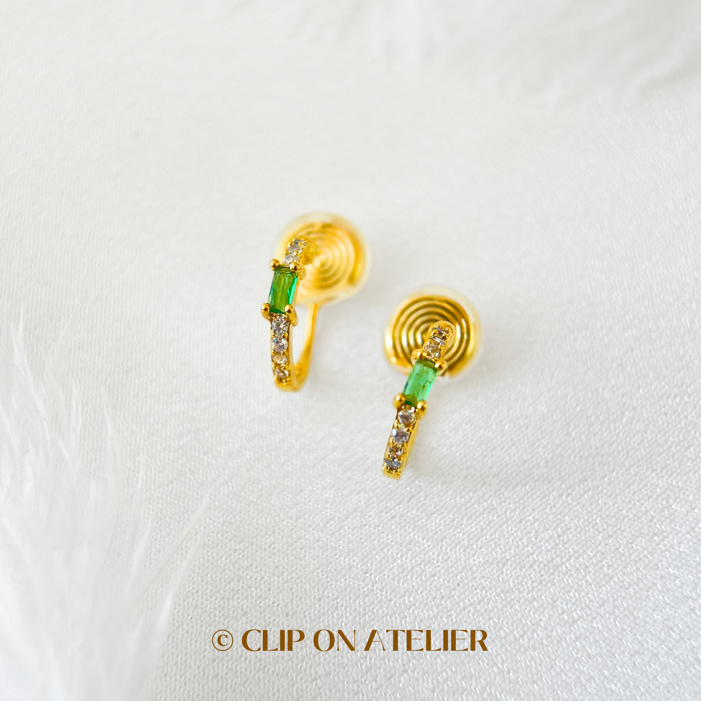 Dainty Gold Hoop Emerald Clip On Earrings