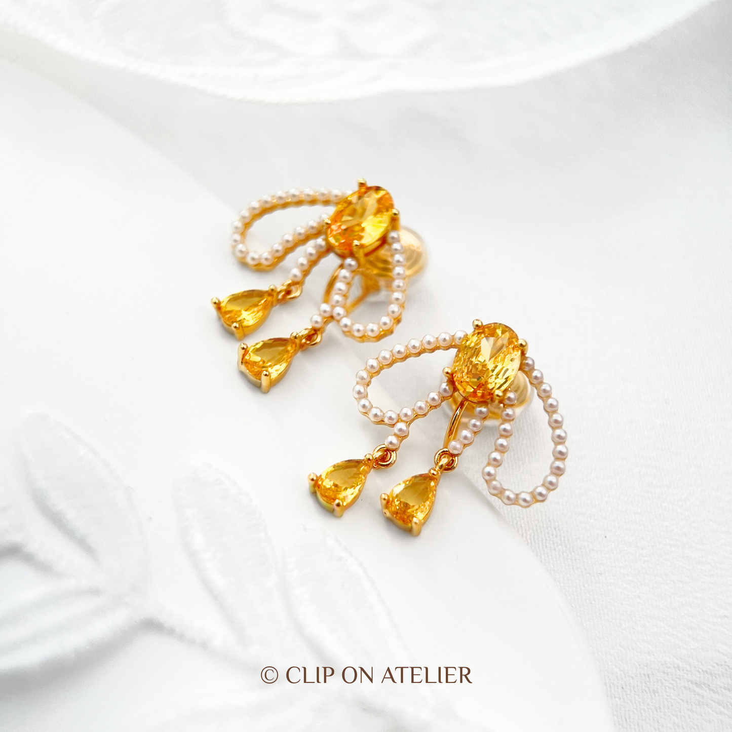Fairy Citrine & Crystal Pearl Bow Drop Clip-On Earrings