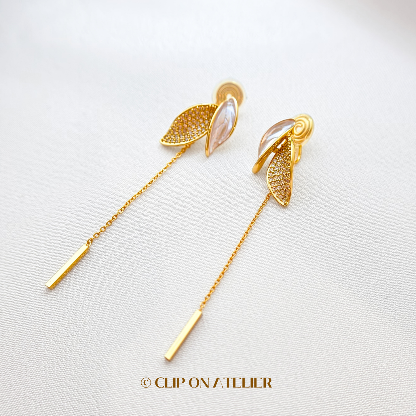 Fairy Leaves CZ Diamond Dangle Clip On Earrings