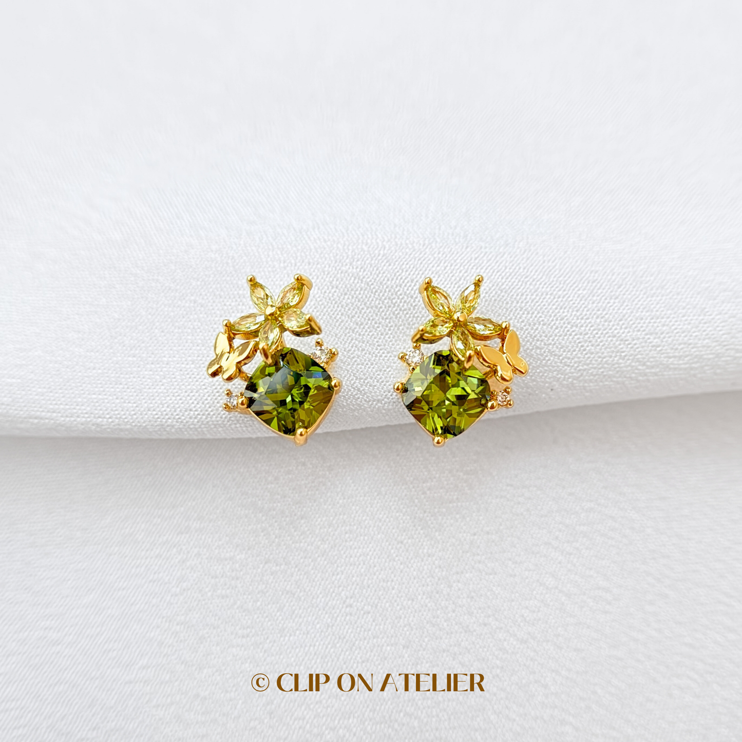 Dainty Green CZ Diamond Floral Clip On Earrings