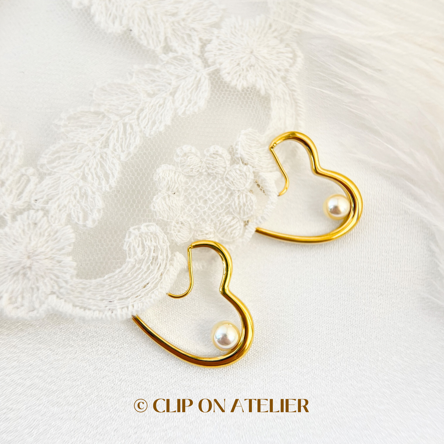 Modern Heart Hoop Crystal Pearl Clip On Earrings