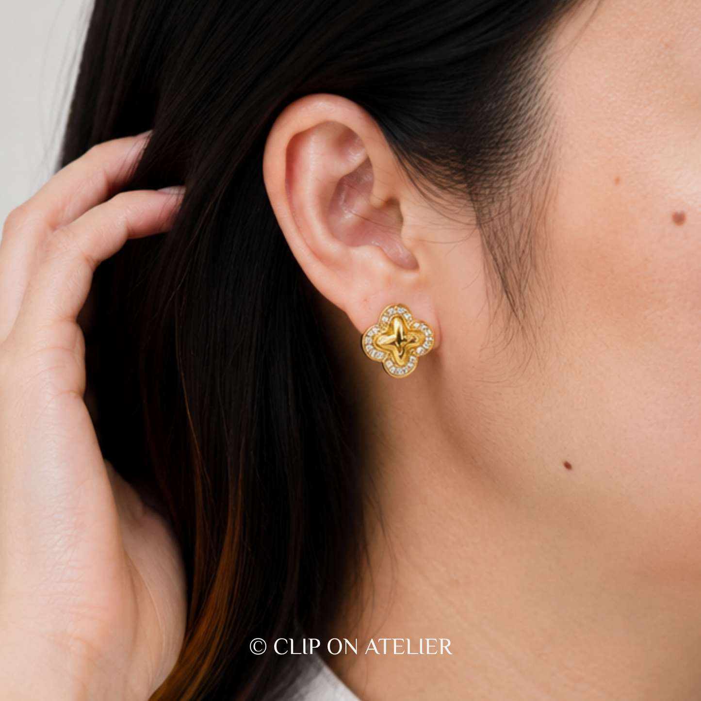 Dainty Gold Diamond Clover Clip On Earrings