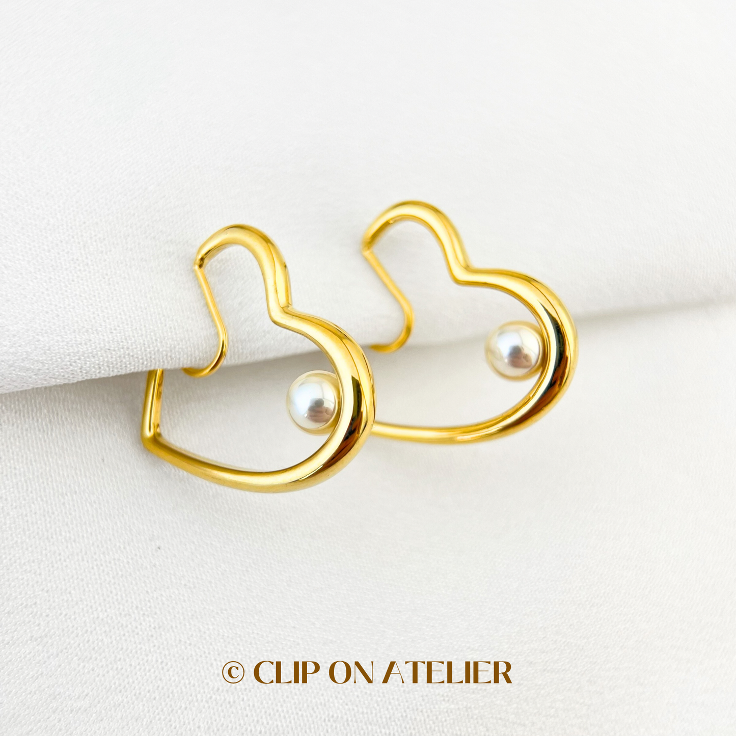 Modern Heart Hoop Crystal Pearl Clip On Earrings