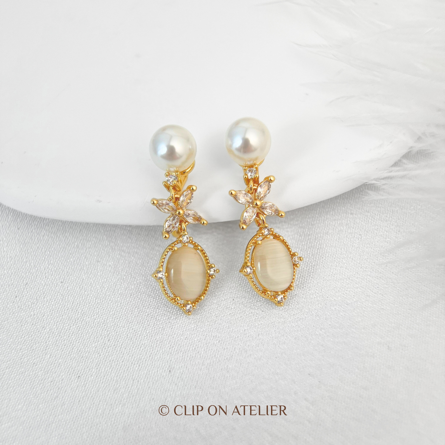 Art Deco Pearl Diamond Flower Drop Clip On Earrings