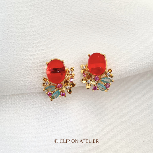 Red Crystal Bloom Clip-On Earrings