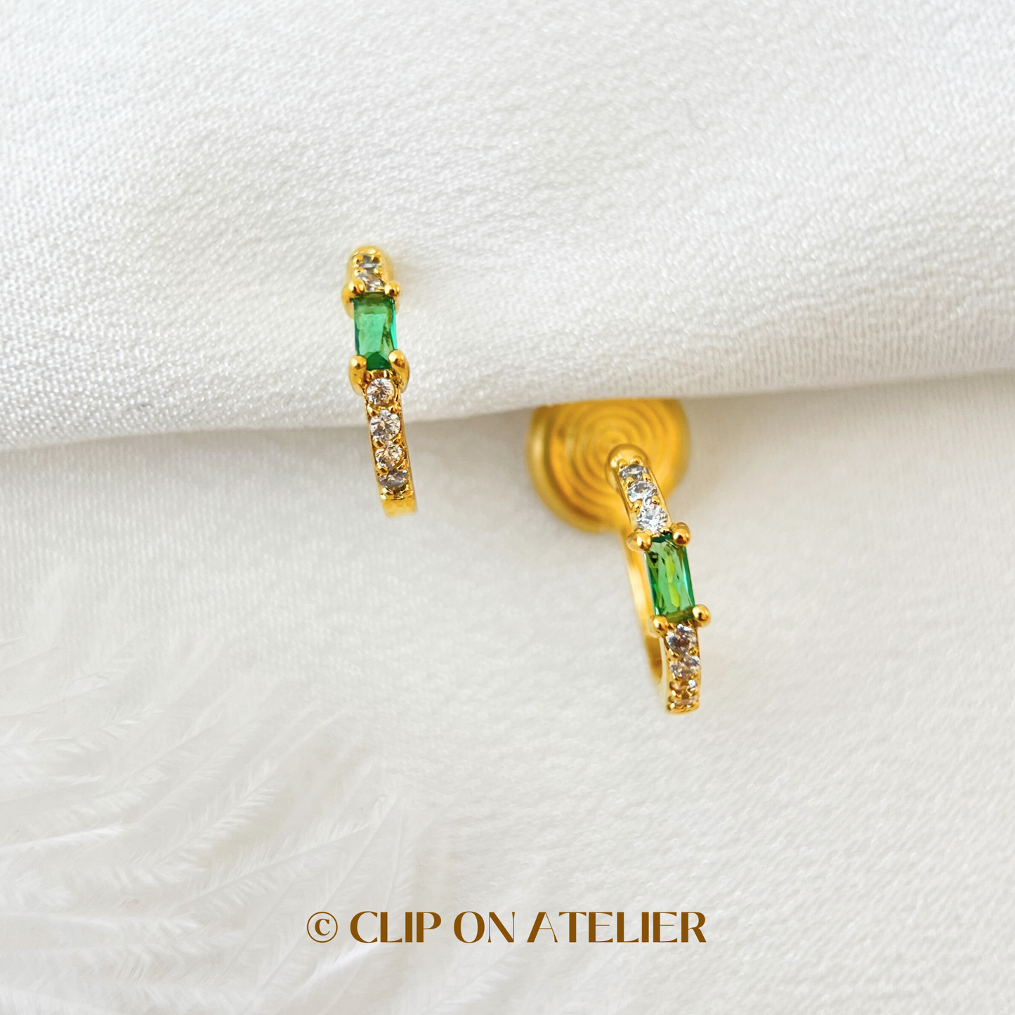 Dainty Gold Hoop Emerald Clip On Earrings