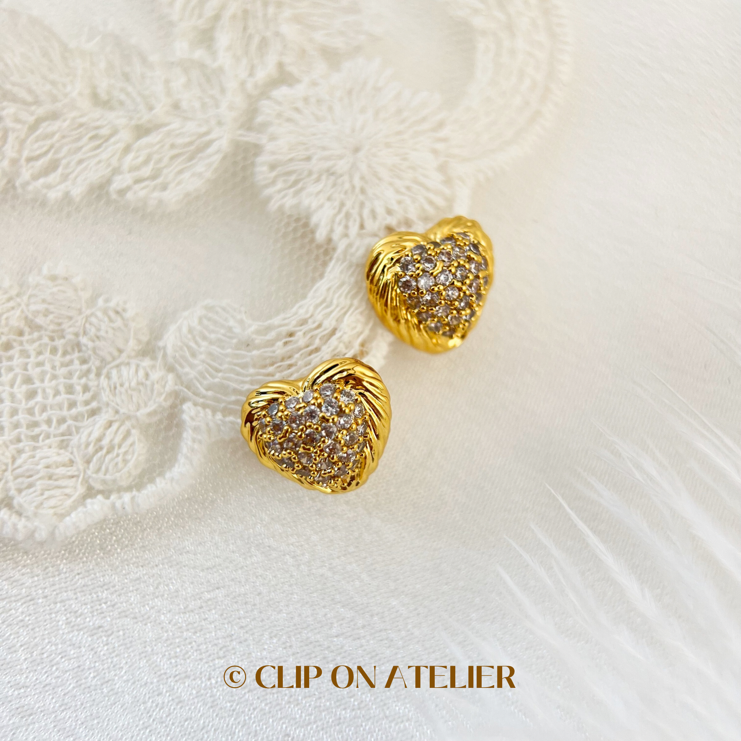 Gold Diamond Pavé Heart Clip On Earrings