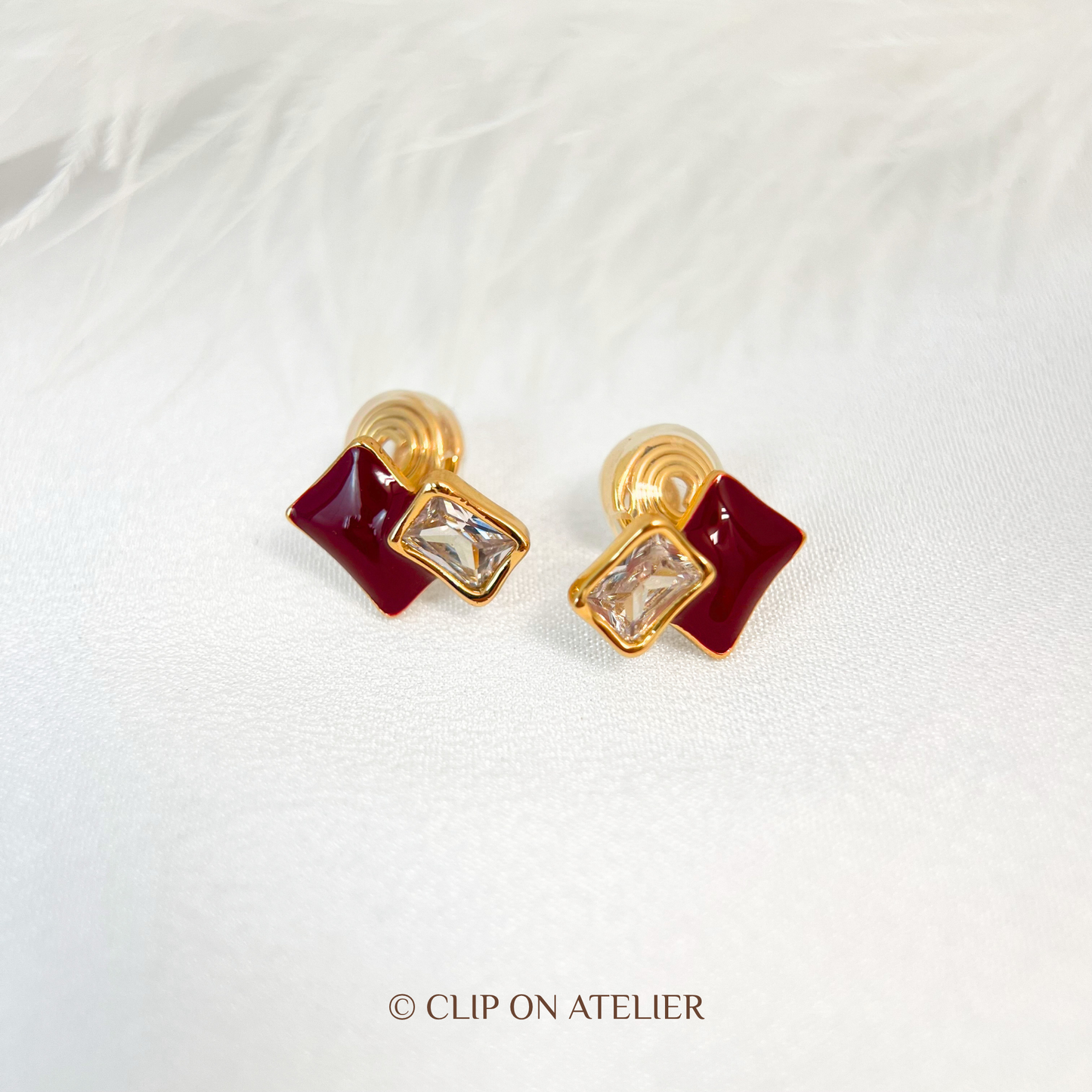 Red Geometric Diamond Clip On Earrings