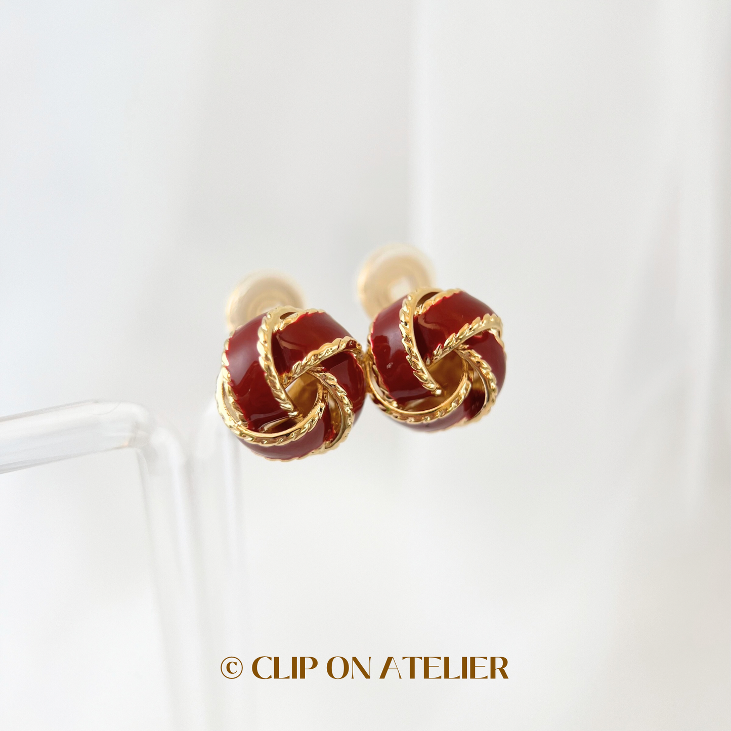 Burgundy Enamel Twisted Knot Gold Clip On Earrings