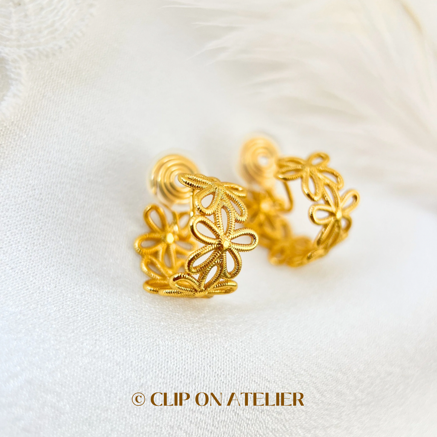 Unique Flower Gold Hoop Clip On Earrings