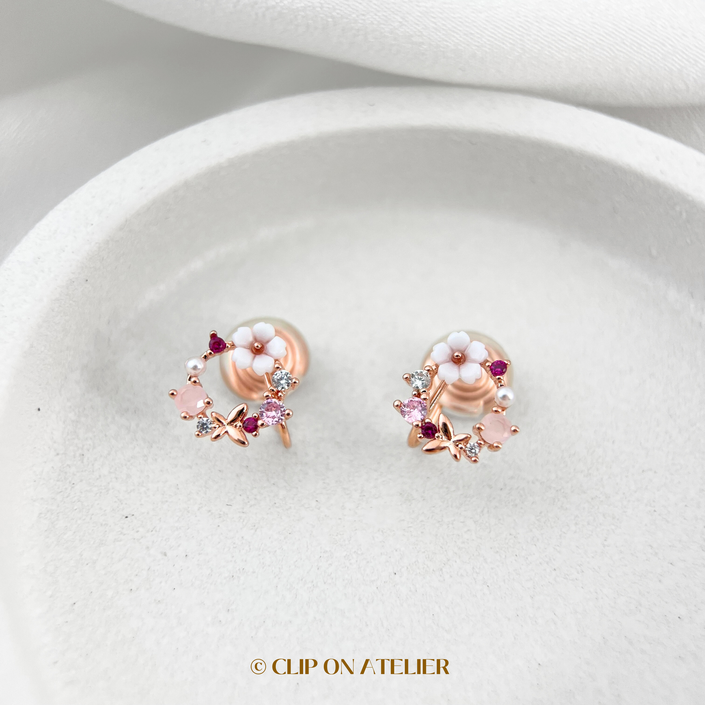 Pink Cherry Blossom Rose Gold Clip On Earrings