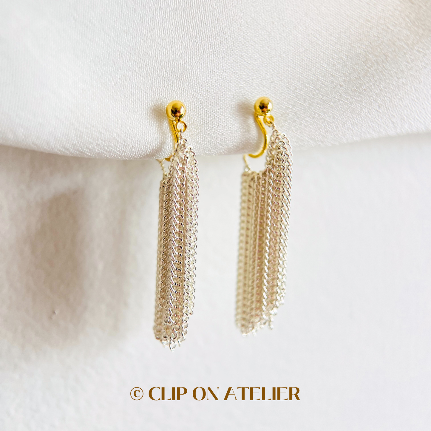 Modern Silver Tassel Drop Clip On Earrings