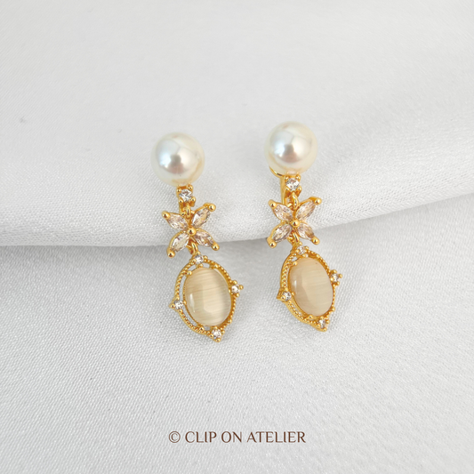 Art Deco Pearl Diamond Flower Drop Clip On Earrings