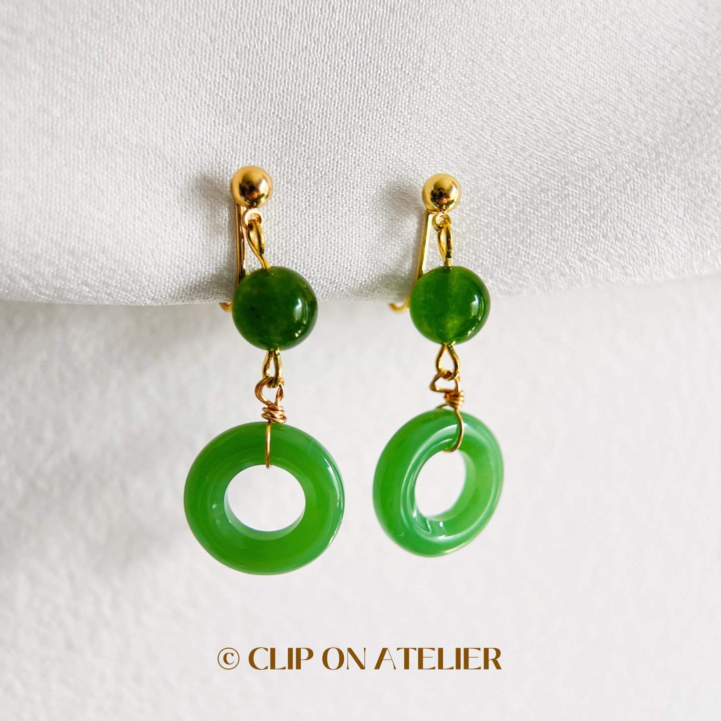 Green Jade Lucky Hoop Drop Clip On Earrings
