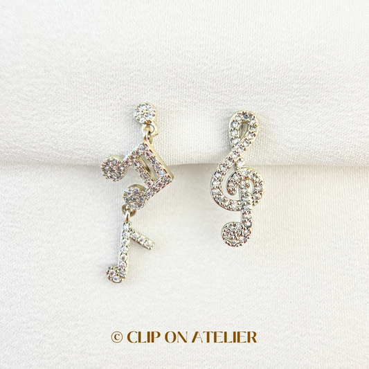 Mismatched Silver Music CZ Diamond Drop Clip On Earrings