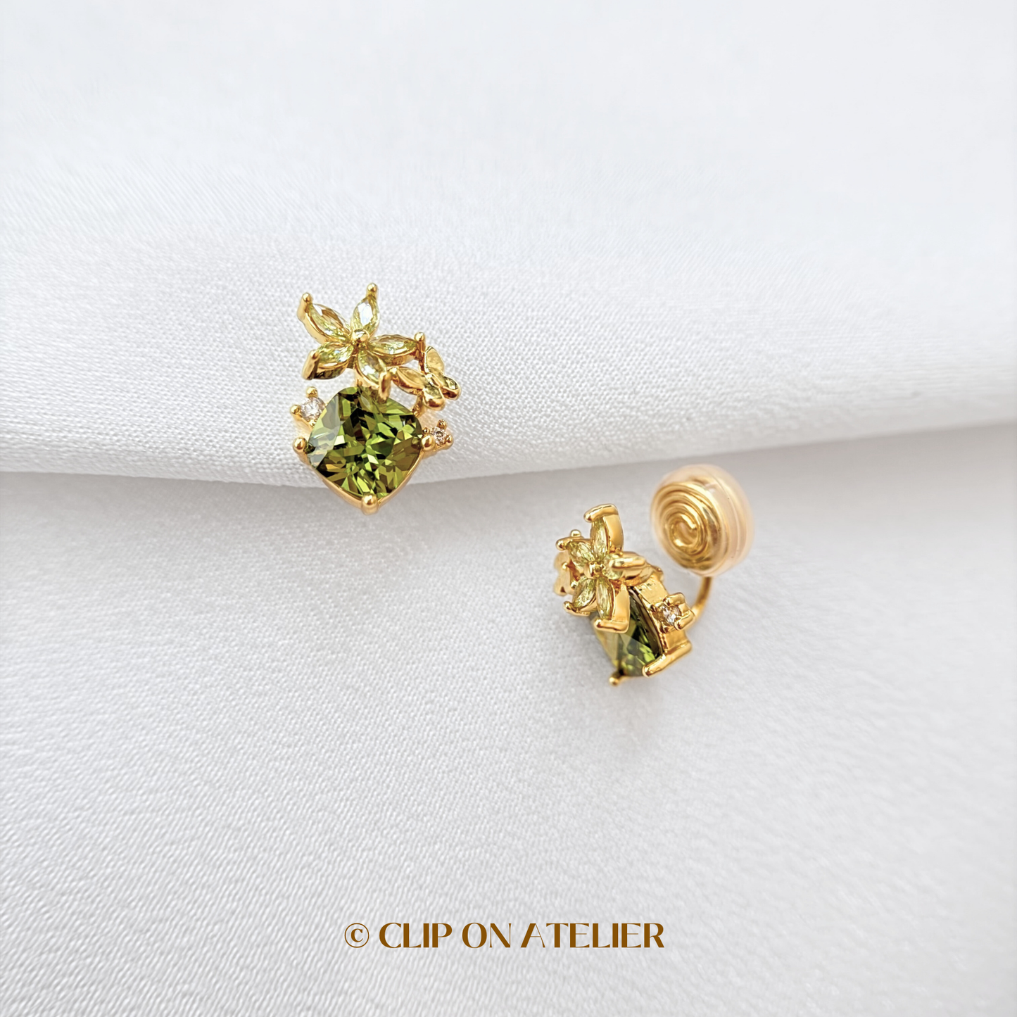 Dainty Green CZ Diamond Floral Clip On Earrings