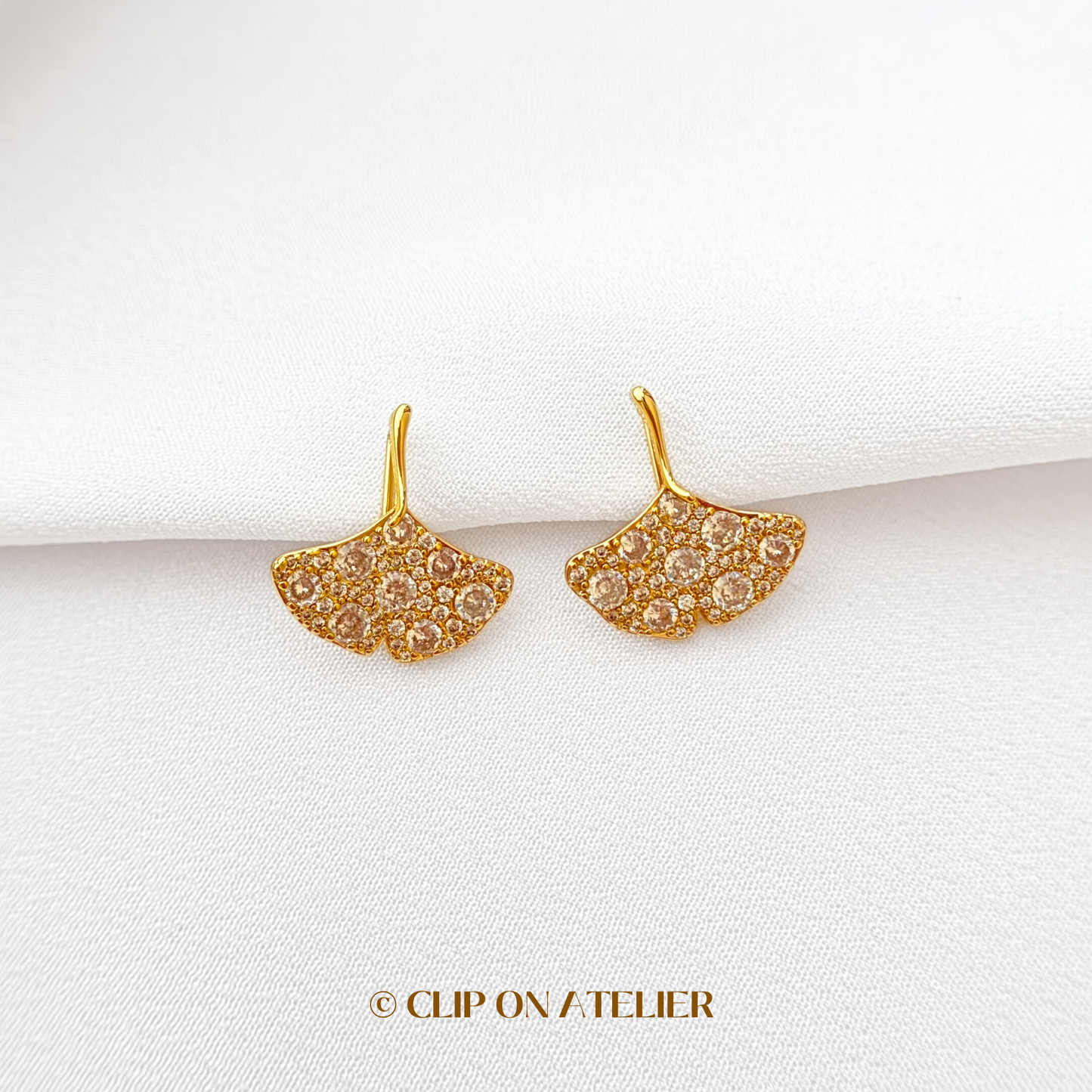 Luxe CZ Diamond Ginkgo Leaf Clip On Earrings