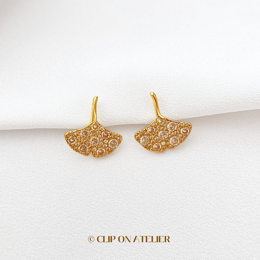 Luxe CZ Diamond Ginkgo Leaf Clip On Earrings