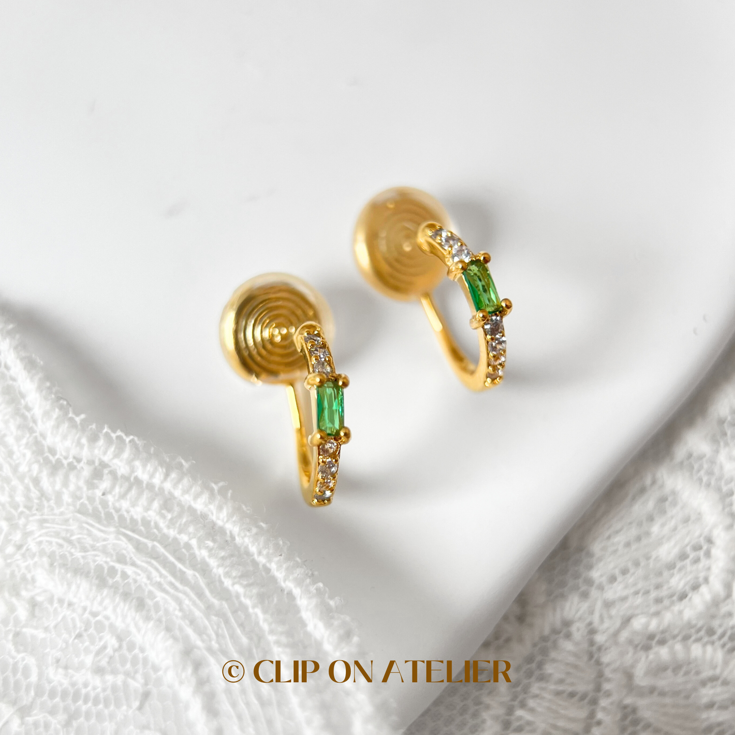 Dainty Gold Hoop Emerald Clip On Earrings