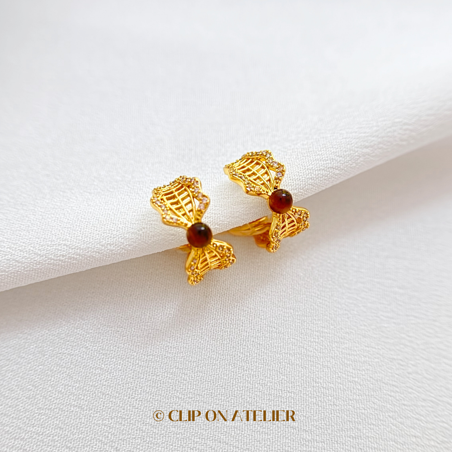 Tigers Eye Lace CZ Diamond Hoop Clip On Earrings
