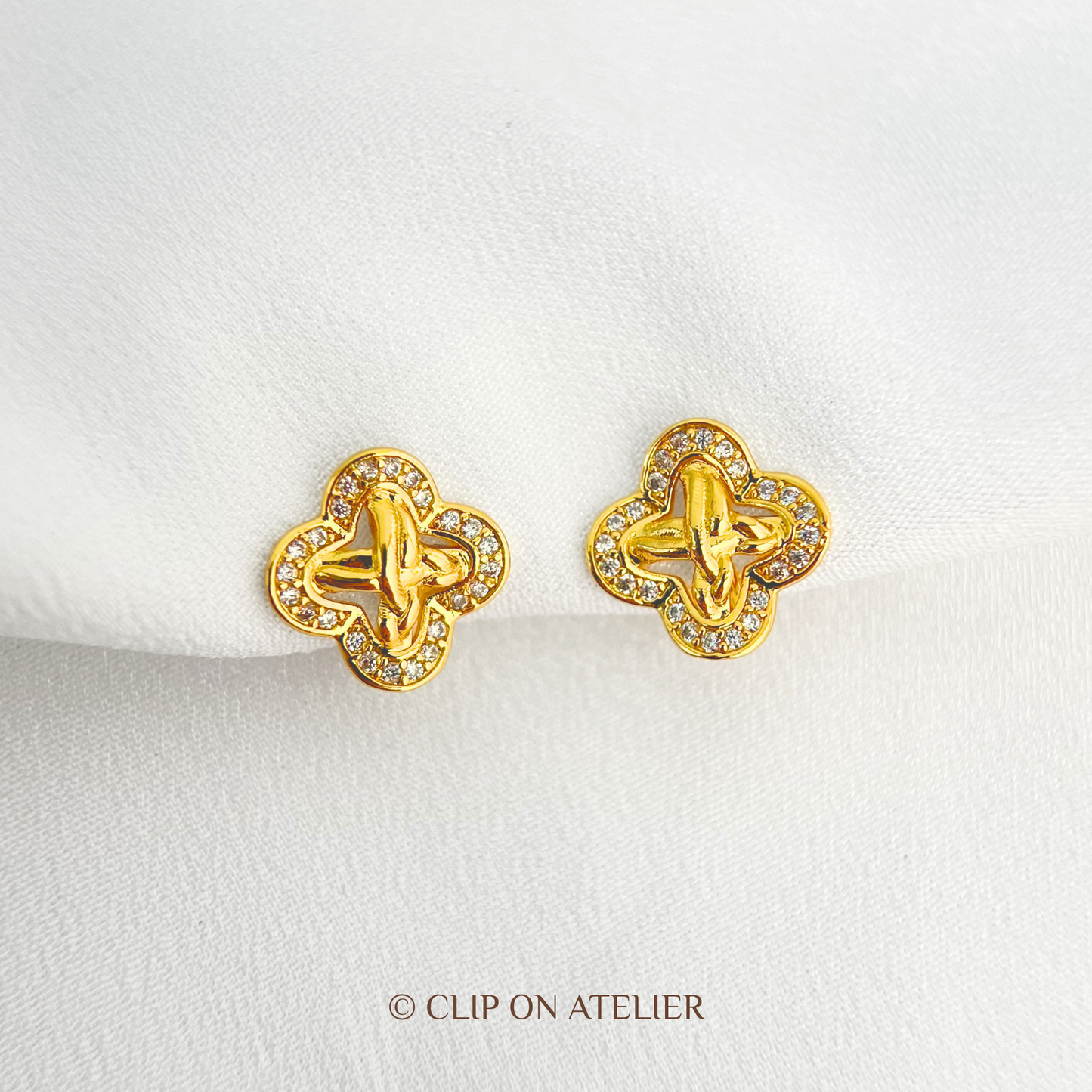 Dainty Gold Diamond Clover Clip On Earrings