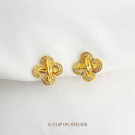 Dainty Gold Diamond Clover Clip On Earrings