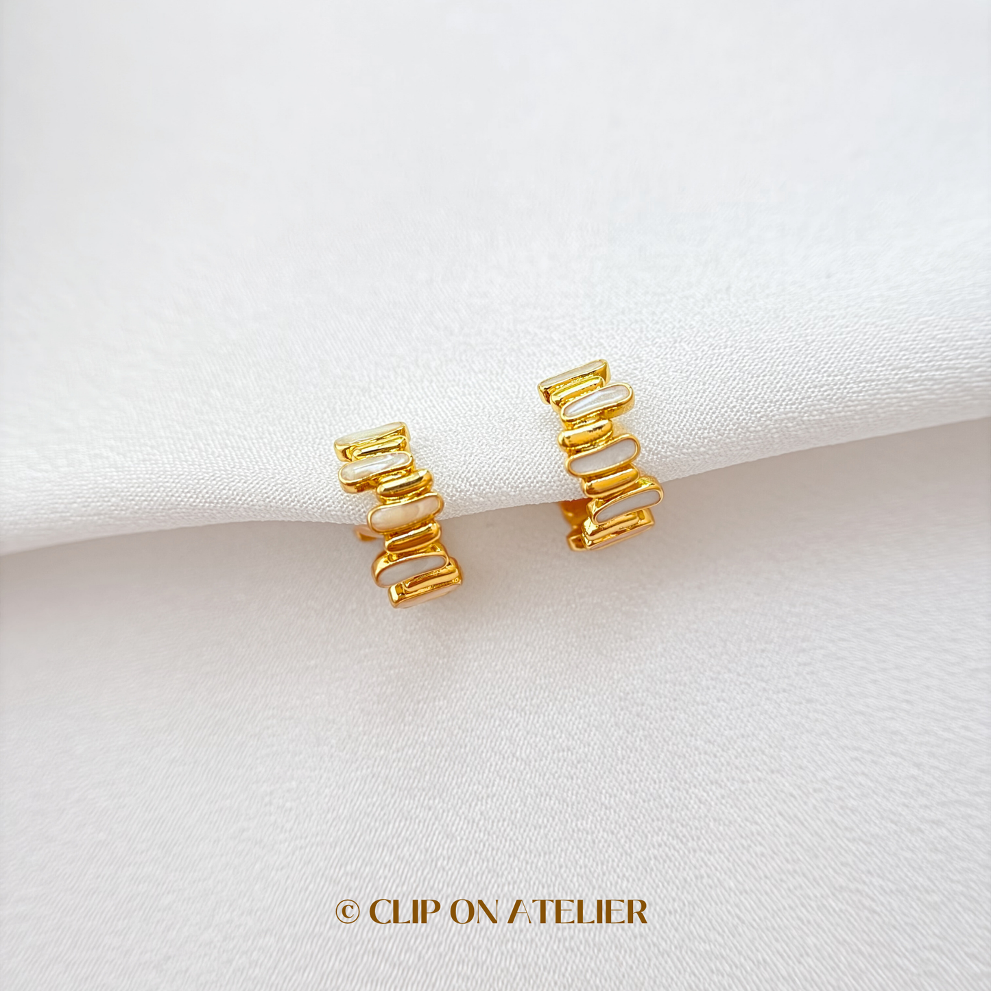 Artistic White Enamel Gold Hoop Clip On Earrings