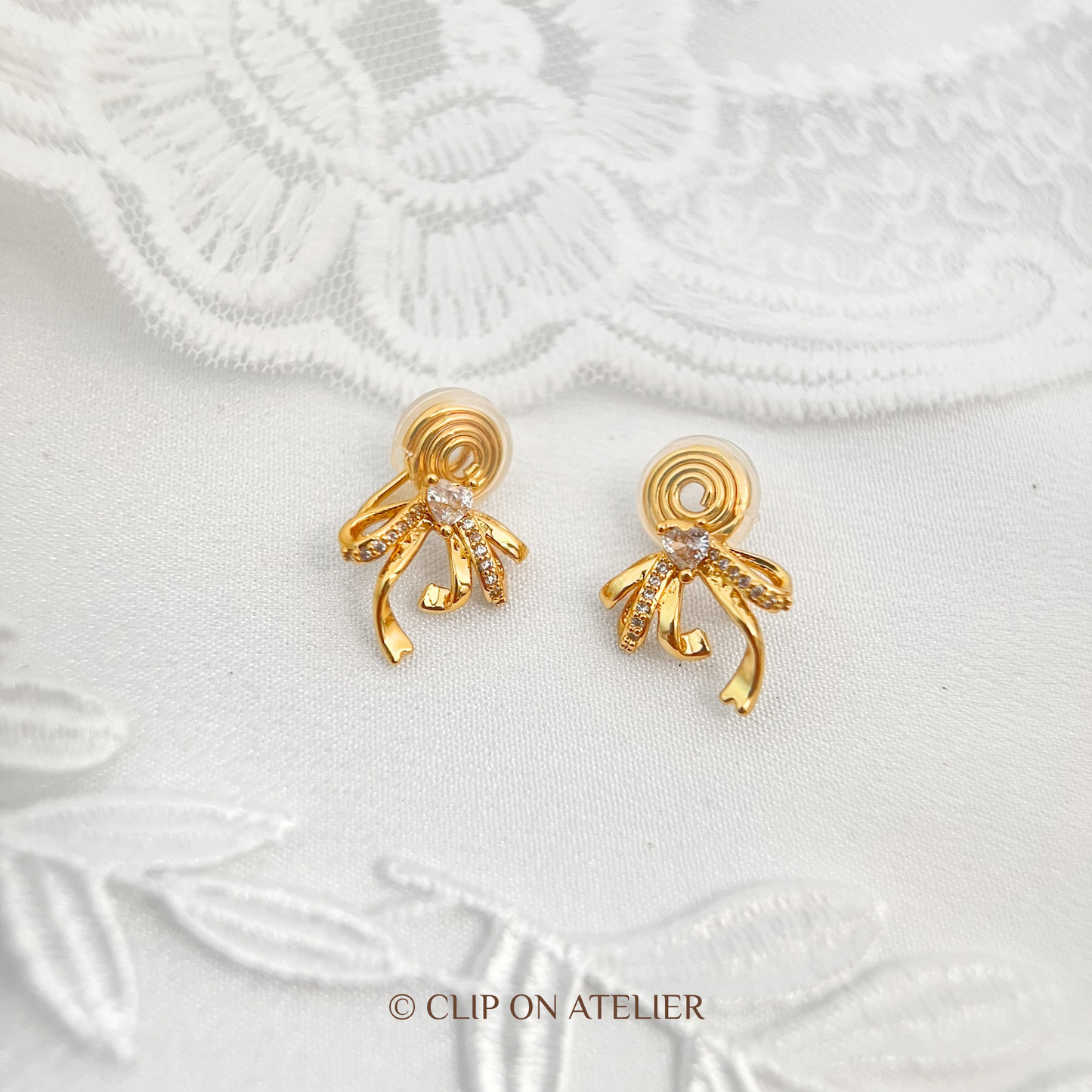 Crystal Heart Bow Clip-On Earrings