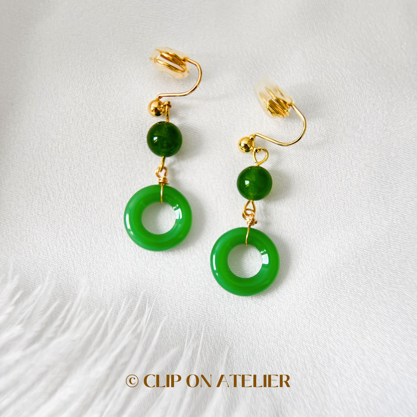 Green Jade Lucky Hoop Drop Clip On Earrings