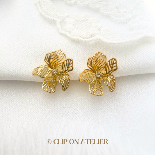 Statement Hollow Out Gold Flower Clip On Earrings