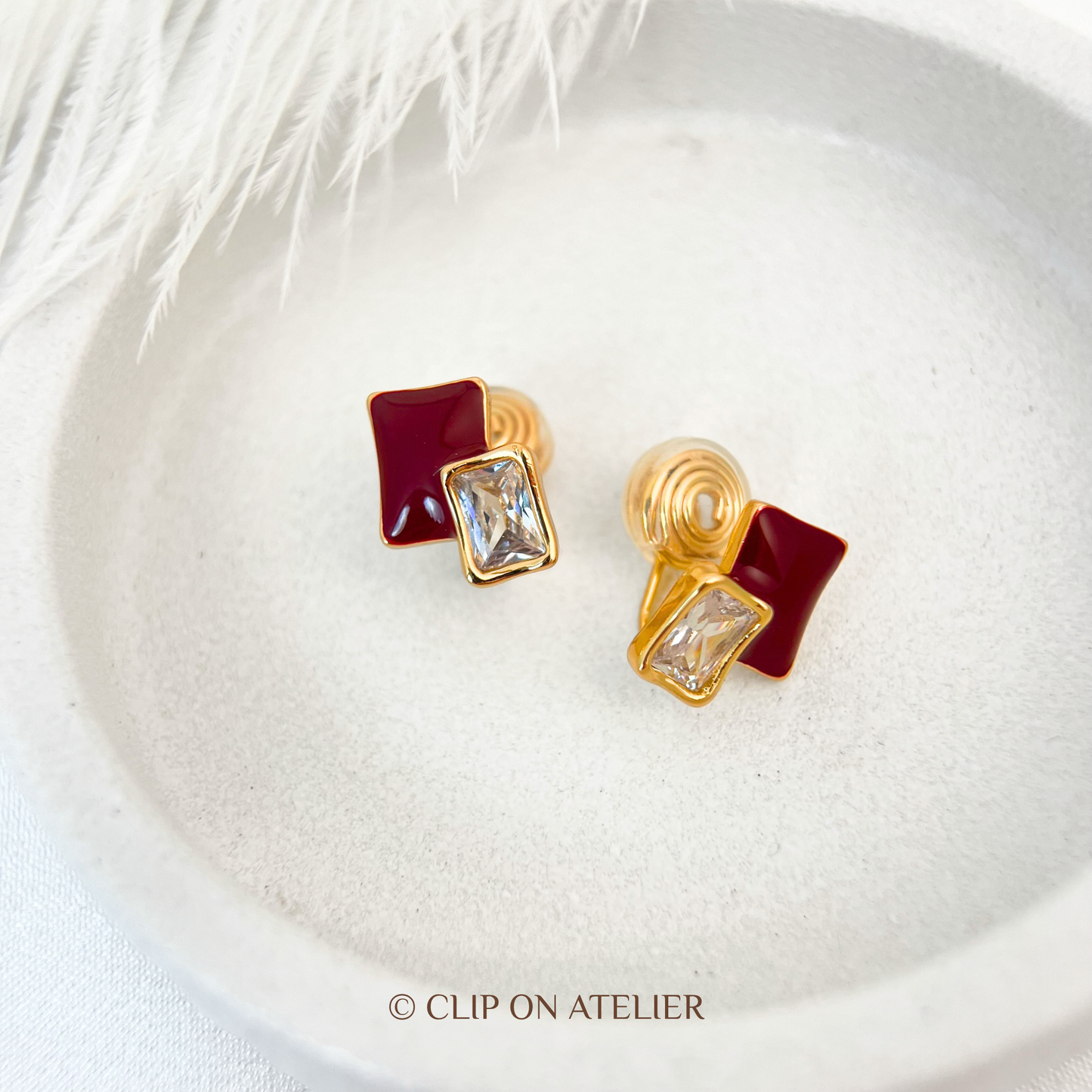 Red Geometric Diamond Clip On Earrings