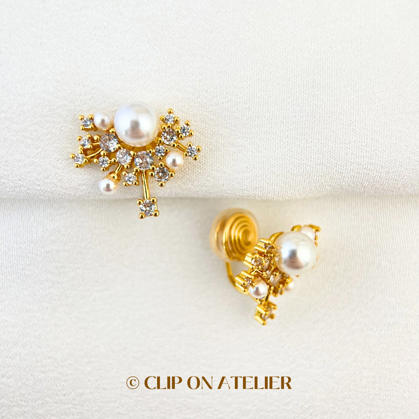 Luxe Minimalist Crystal Pearl CZ Diamonds Gold Clip On Earrings