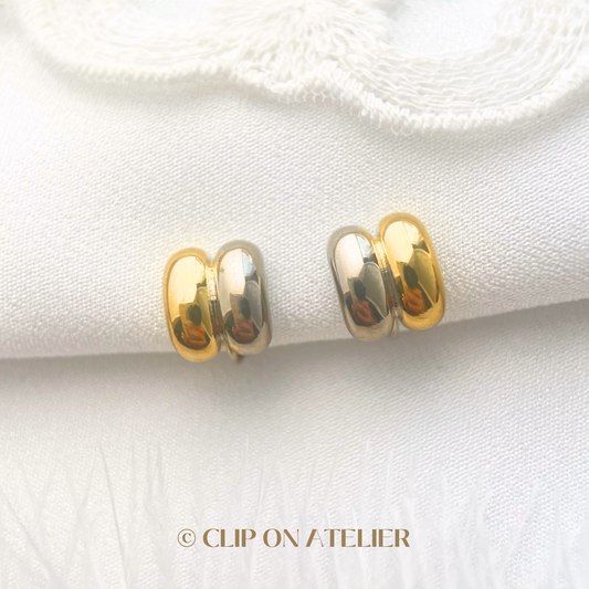 Contrast Double Band Hoop Mixed Gold & Silver Clip On Earrings