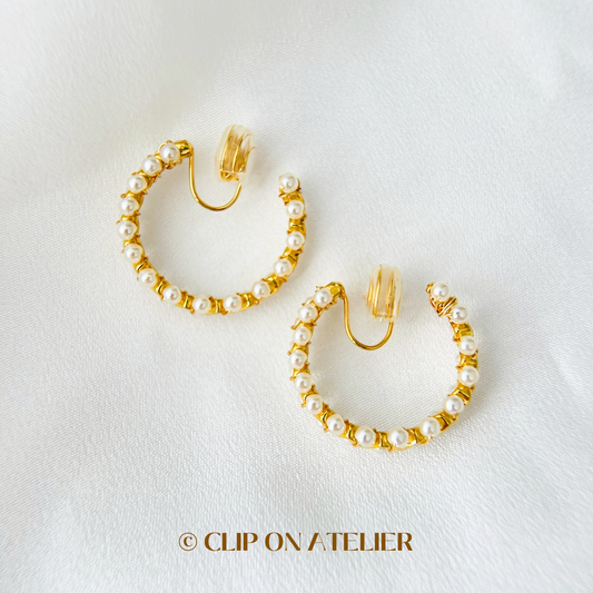 French Chic Style Pearl Hoop Clip On Earrings