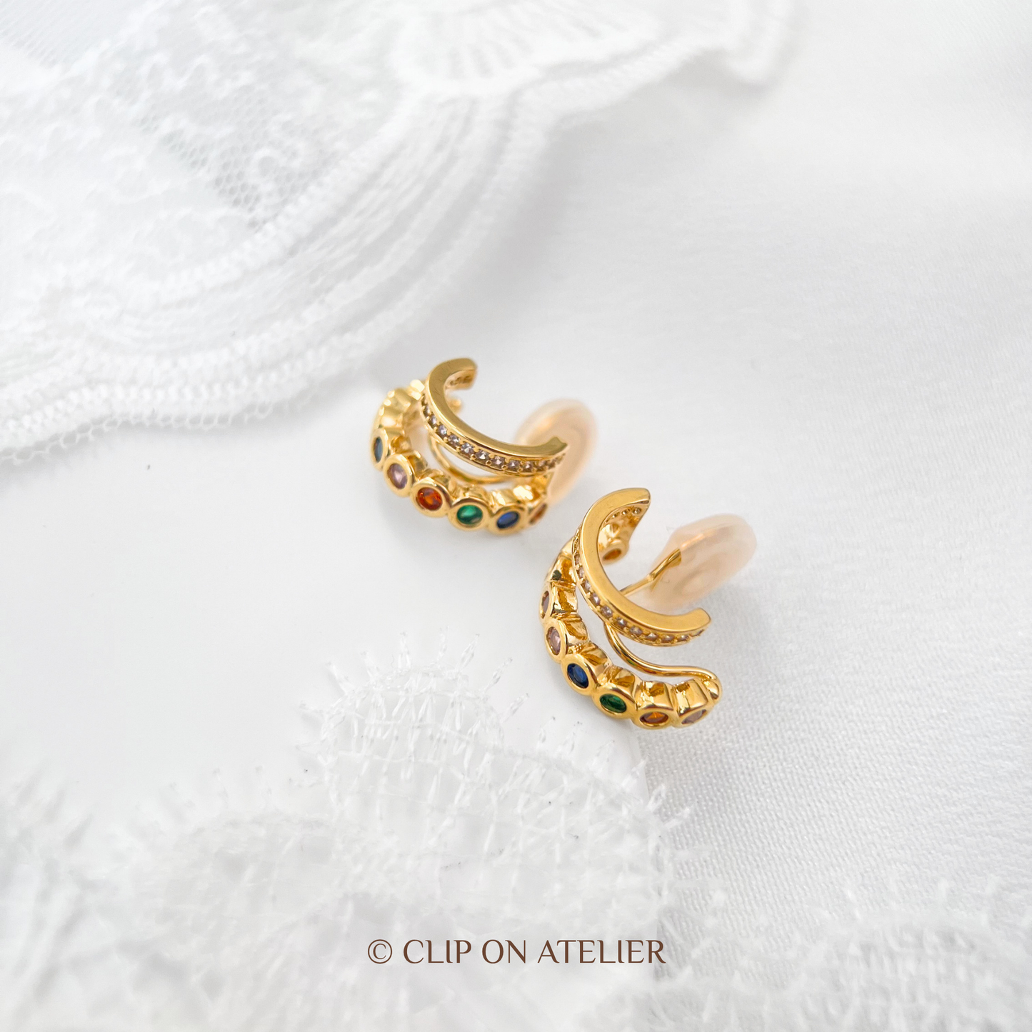 Dual Hoop Colorful CZ Diamond Clip-On Earrings