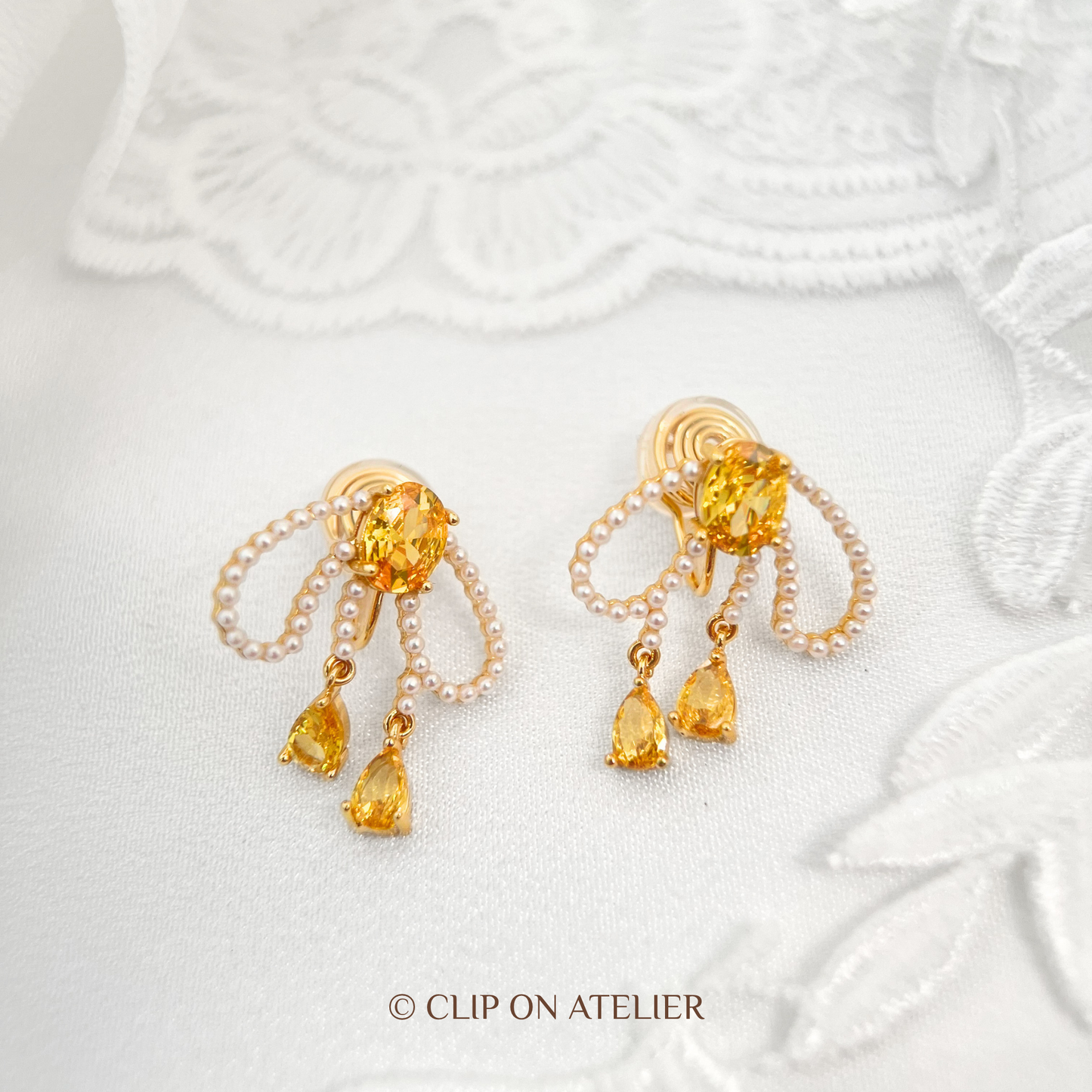 Fairy Citrine & Crystal Pearl Bow Drop Clip-On Earrings