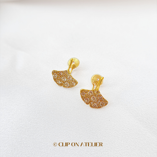 Luxe CZ Diamond Ginkgo Leaf Clip On Earrings