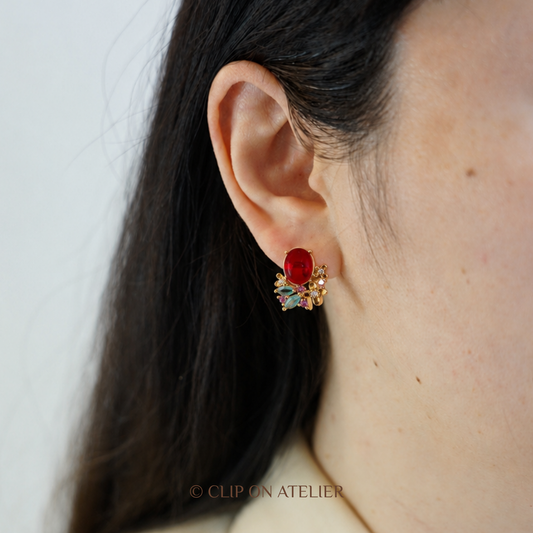 Red Crystal Bloom Clip-On Earrings