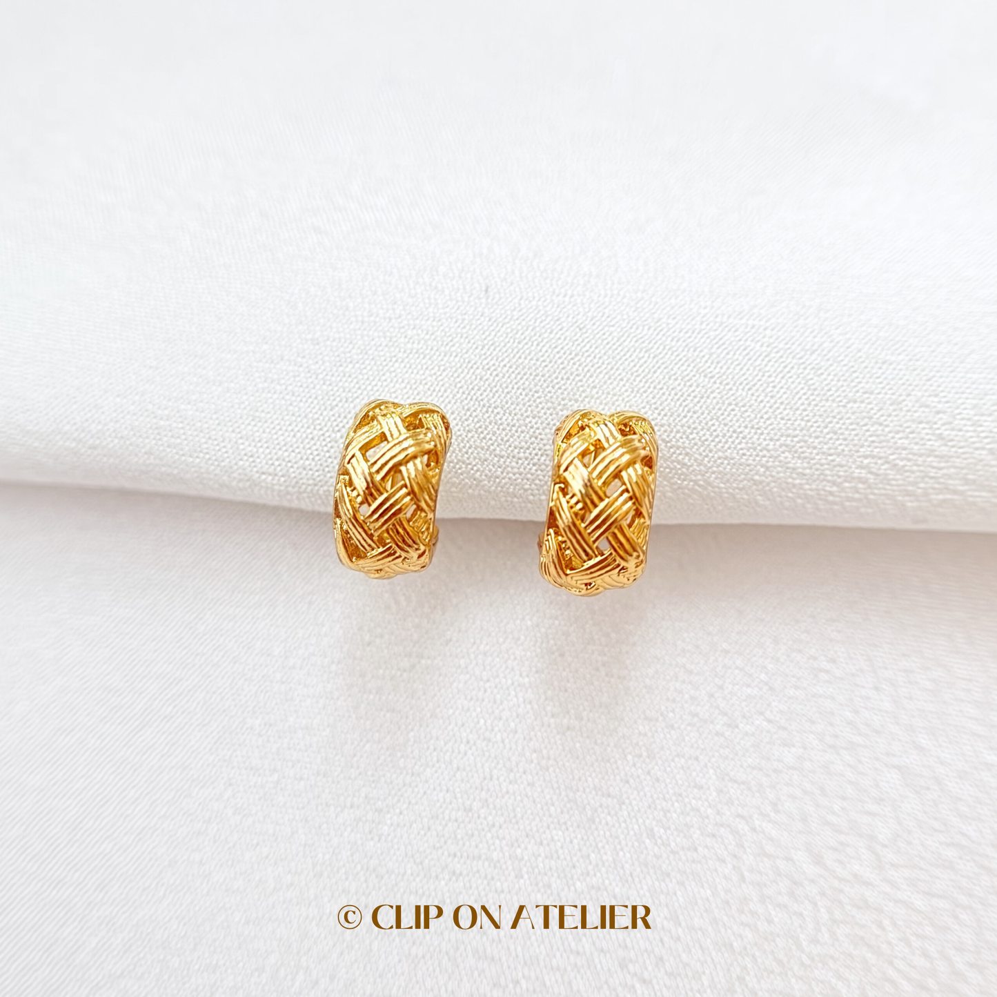 Woven Gold C-Shaped Hoop Clip On Earrings