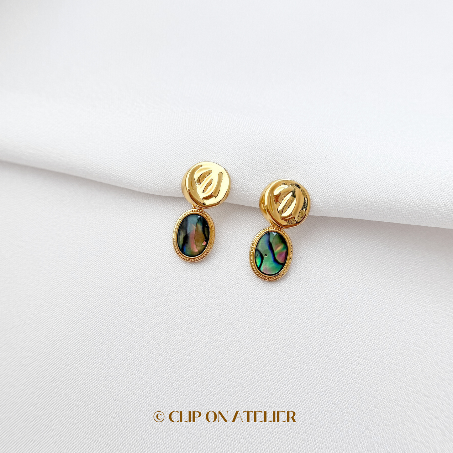 Minimalist Abalone Shell Gold Drop Clip On Earrings