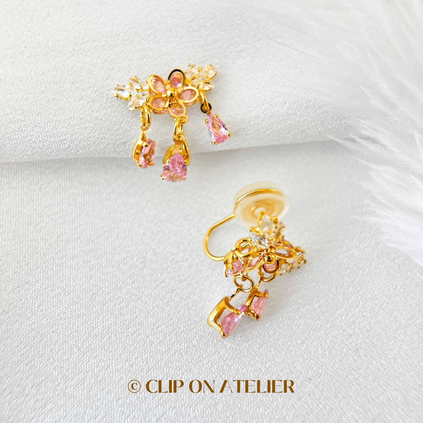 Luxe Pink Diamond Flower Dangle Clip On Earrings
