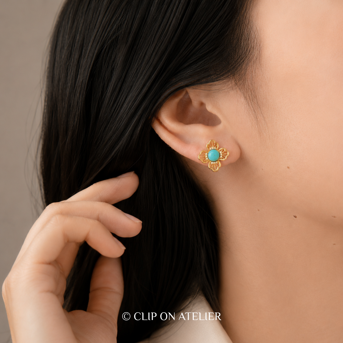 Delicate Gold Clover Turquoise Clip On Earrings