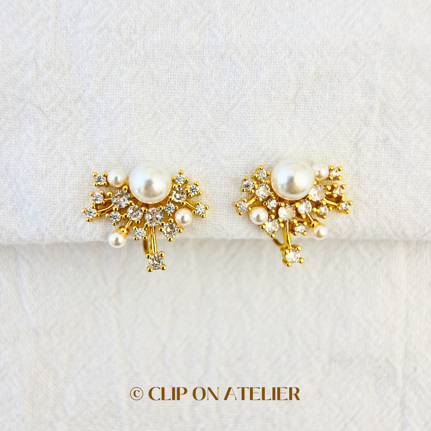 Luxe Minimalist Crystal Pearl CZ Diamonds Gold Clip On Earrings