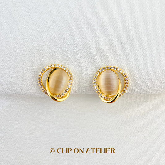 Dainty Cat Eye Crystal CZ Diamond Clip On Earrings